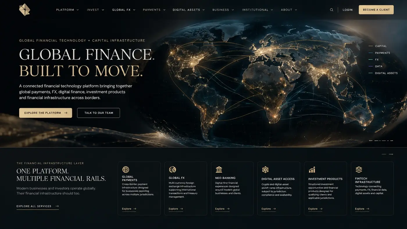 Abstract global financial network across a dark world map